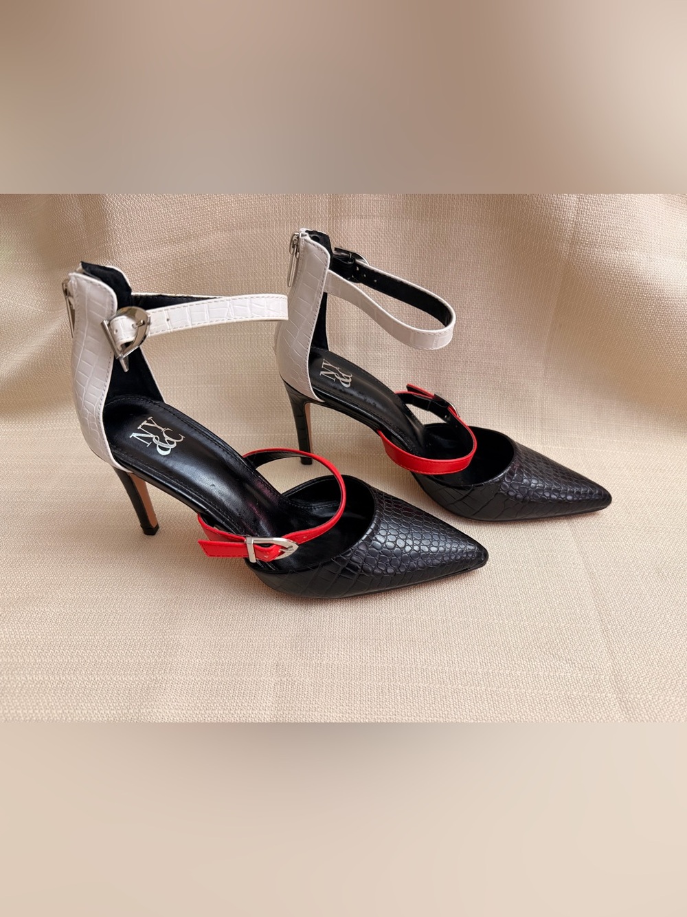 New York & Company Black Pointed Pump with White Ankle and Red Mid Strap - Picture 3 of 8